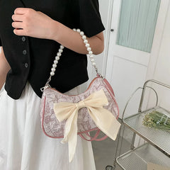 Bow Shoulder Bags Women Folds PU Leather Underarm Pearls Handbag