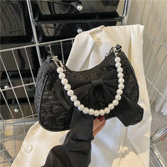 Bow Shoulder Bags Women Folds PU Leather Underarm Pearls Handbag