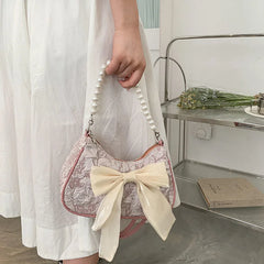 Bow Shoulder Bags Women Folds PU Leather Underarm Pearls Handbag