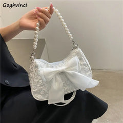 Bow Shoulder Bags Women Folds PU Leather Underarm Pearls Handbag
