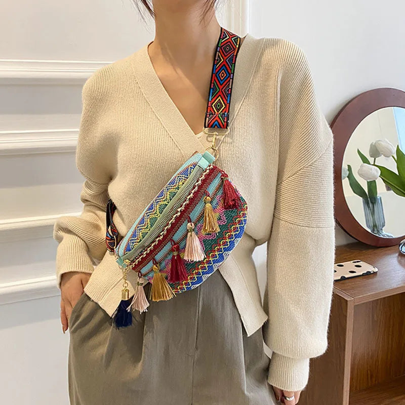 Ethnic Style Tassel Waist Bag for Women Summer Beach Fanny Pack