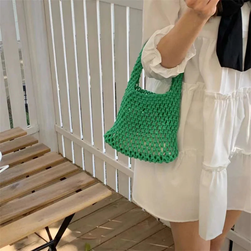 Cotton Hollow Small Tote Women Mesh Handbag Retro Net Beach Buack Bags