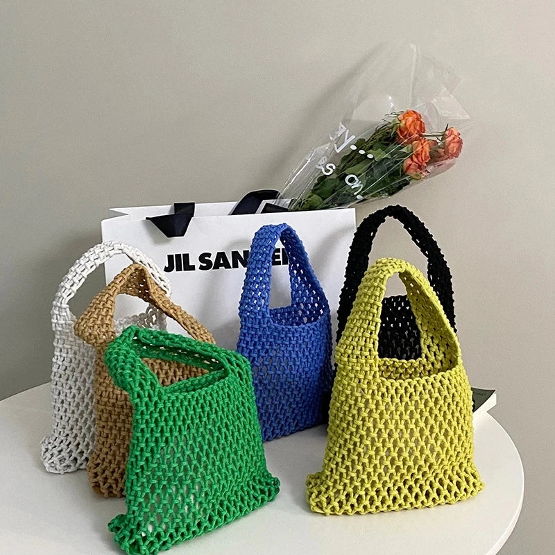 Cotton Hollow Small Tote Women Mesh Handbag Retro Net Beach Buack Bags