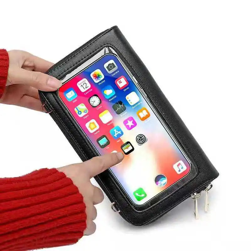 RFID Smart Cellphone Wallet Women Small Shoulder Bag with Transparent Window