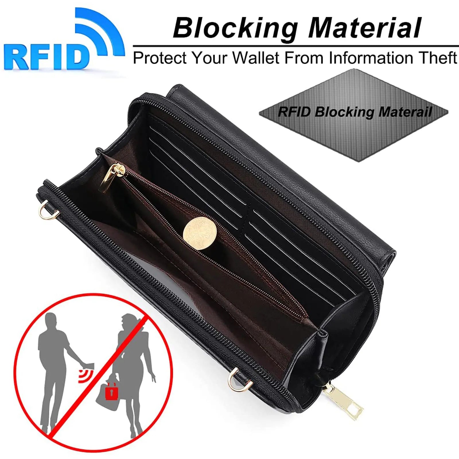 RFID Smart Cellphone Wallet Women Small Shoulder Bag with Transparent Window