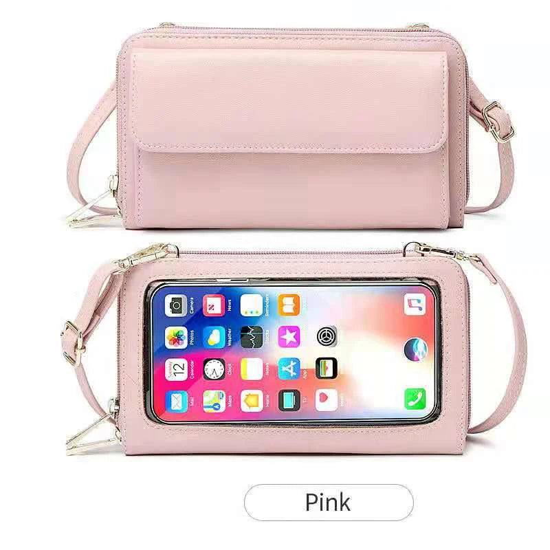 RFID Smart Cellphone Wallet Women Small Shoulder Bag with Transparent Window