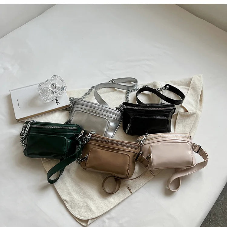 Women's Patent Leather Chest Bag Chains Handbag Travel Waist Pack