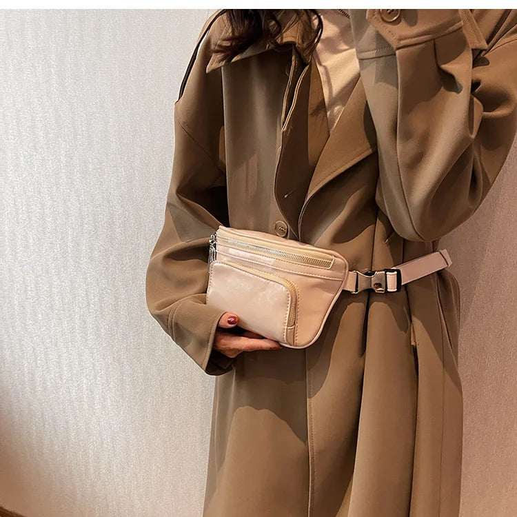 Women's Patent Leather Chest Bag Chains Handbag Travel Waist Pack