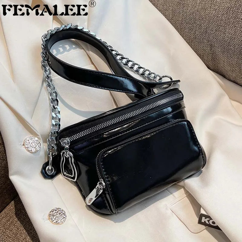 Women's Patent Leather Chest Bag Chains Handbag Travel Waist Pack