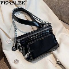 Women's Patent Leather Chest Bag Chains Handbag Travel Waist Pack