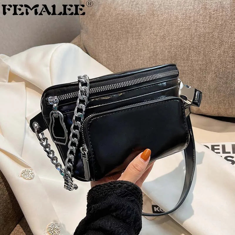 Women's Patent Leather Chest Bag Chains Handbag Travel Waist Pack
