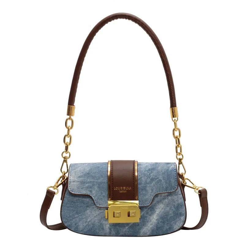 Denim Women's Shoulder Bag Lock Crossbody Bag Saddle Handbag