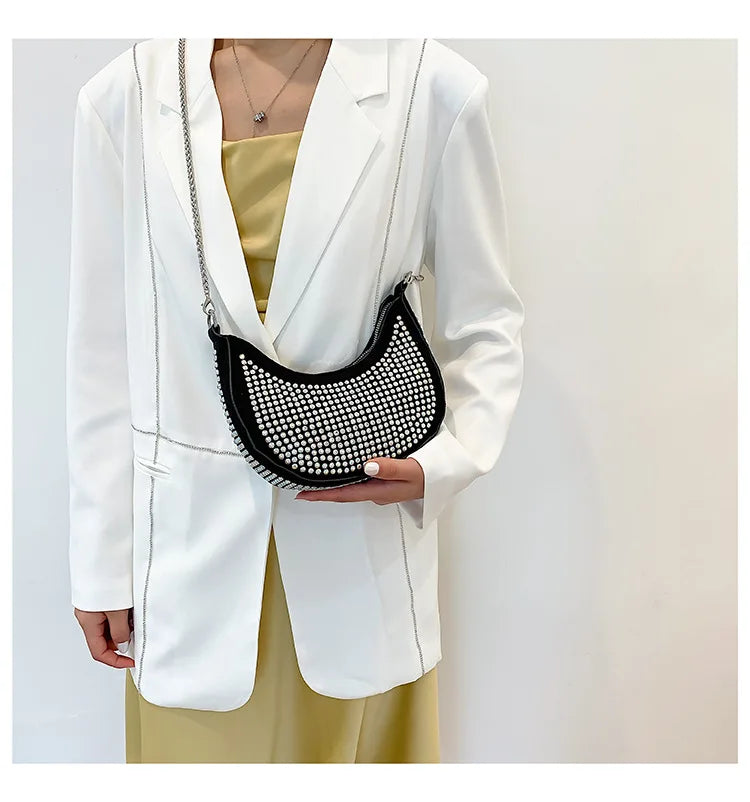 Diamond Women's Shoulder Bag Chain Crossbody Half Moon Handbag