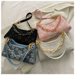 Floral Print Chain Crossbody Handbag Half Moon Shoulder Bag