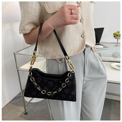 Floral Print Chain Crossbody Handbag Half Moon Shoulder Bag