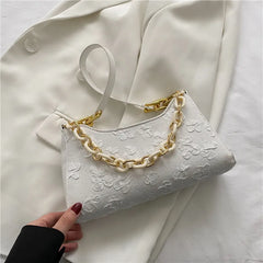Floral Print Chain Crossbody Handbag Half Moon Shoulder Bag