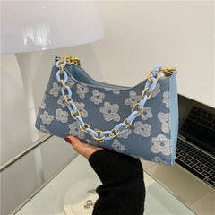 Floral Print Chain Crossbody Handbag Half Moon Shoulder Bag