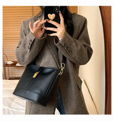 PU Leather Women's Shoulder Bag Lock Crossbody Bag Bucket Handbag