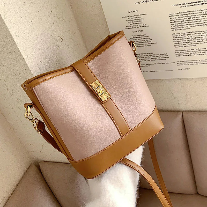 PU Leather Women's Shoulder Bag Lock Crossbody Bag Bucket Handbag