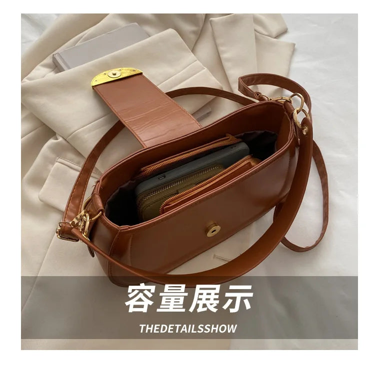 PU Leather Women's Shoulder Bag Lock Crossbody Bag Saddle Handbag