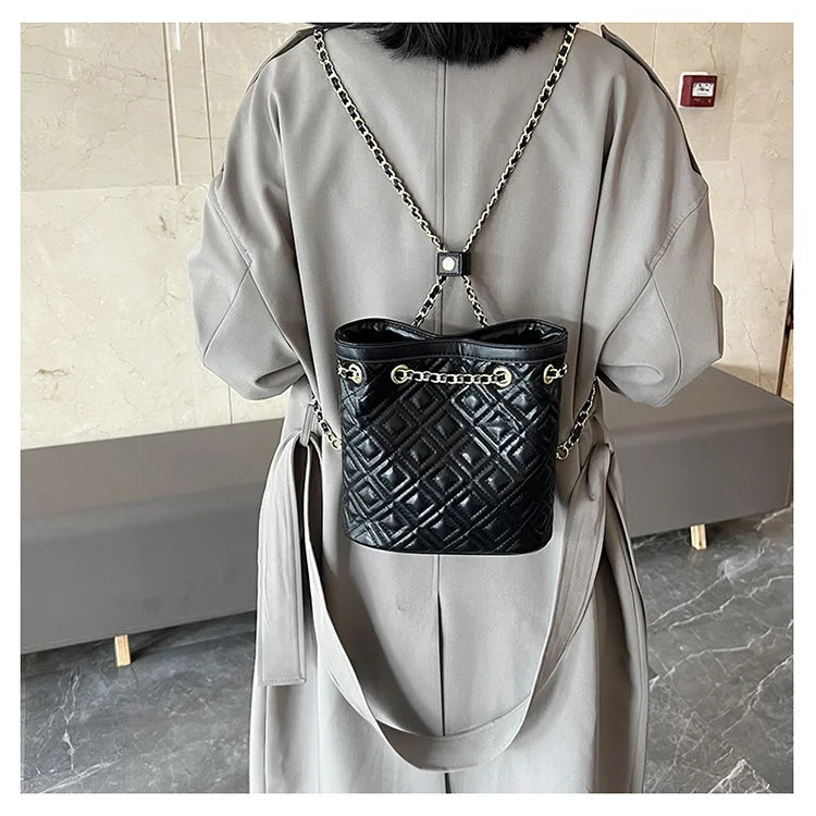 Plaid Quilted Women's Backpack Soft PU Chain School Bag Small Travel Bag