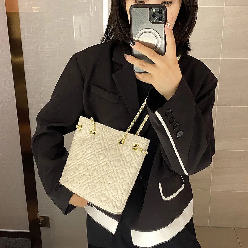 Plaid Quilted Women's Backpack Soft PU Chain School Bag Small Travel Bag