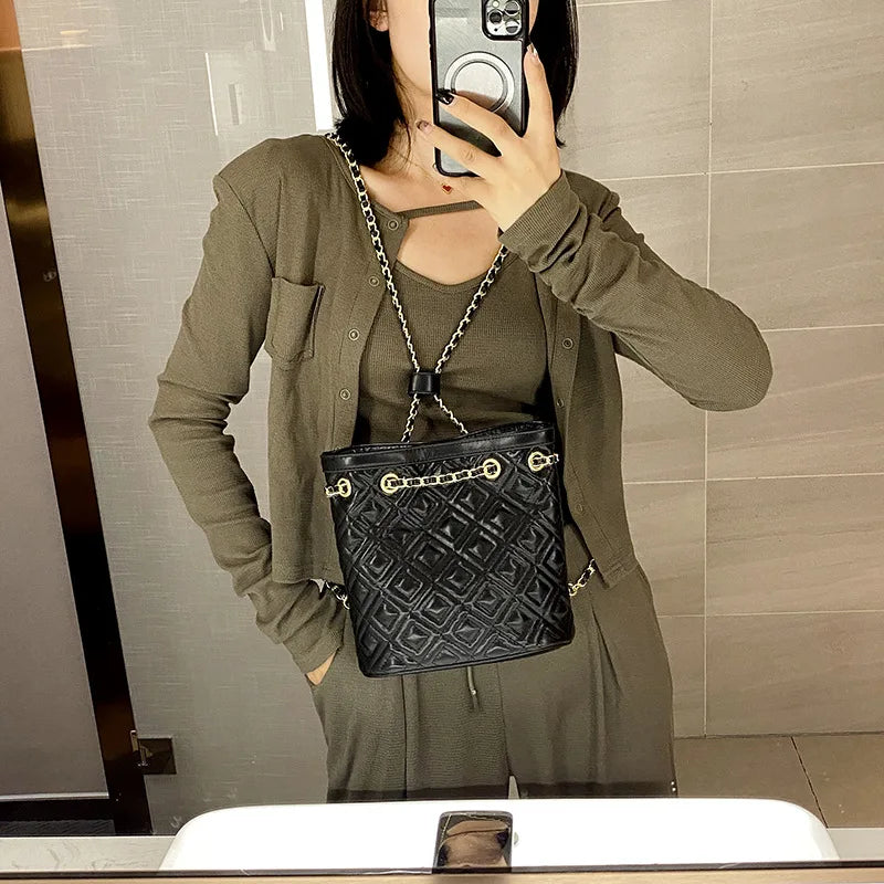 Plaid Quilted Women's Backpack Soft PU Chain School Bag Small Travel Bag