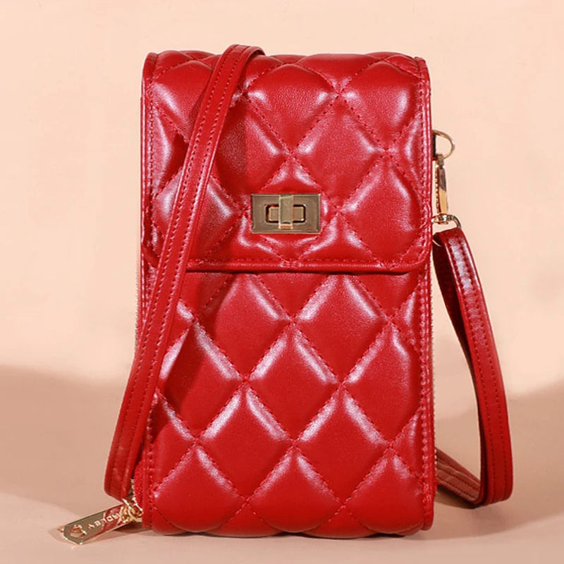Small Crossbody Phone Bag Women's Diamond Pu Leather Female Shoulder Purses