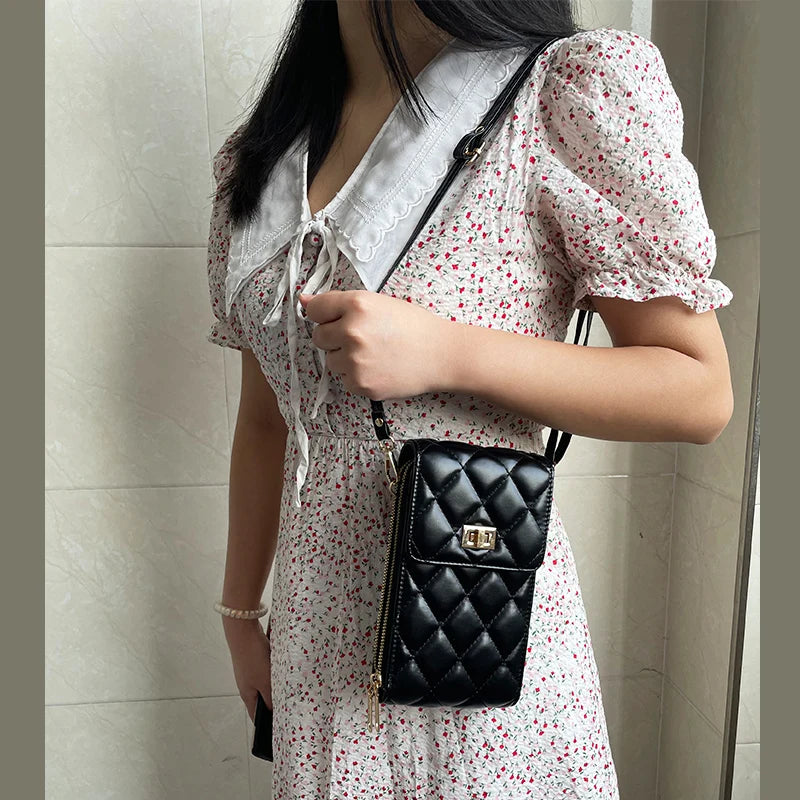 Small Crossbody Phone Bag Women's Diamond Pu Leather Female Shoulder Purses