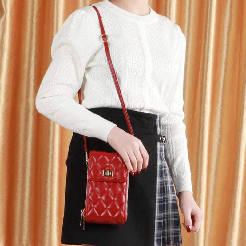 Small Crossbody Phone Bag Women's Diamond Pu Leather Female Shoulder Purses