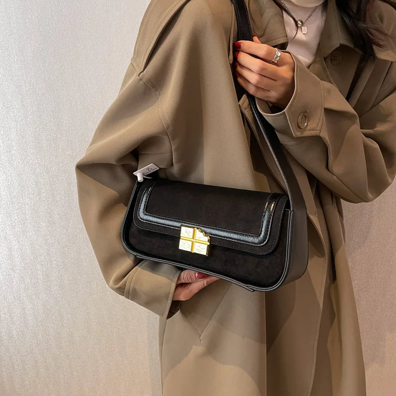 Suede Women's Shoulder Bag Retro Lock Crossbody Bag Handbag