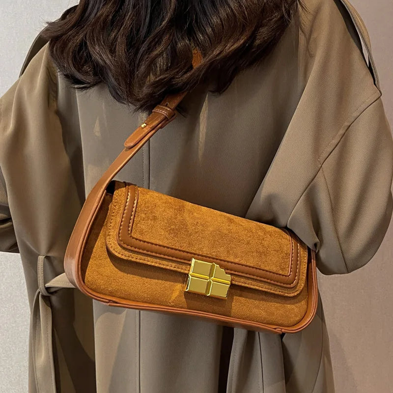 Suede Women's Shoulder Bag Retro Lock Crossbody Bag Handbag