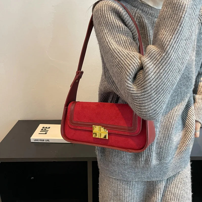 Suede Women's Shoulder Bag Retro Lock Crossbody Bag Handbag