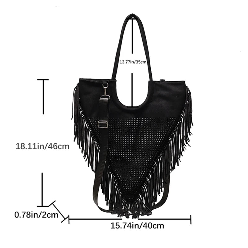 Triangle Handbag Long Tassel Shoulder Bag Large Capacity Faux Suede Crossbo