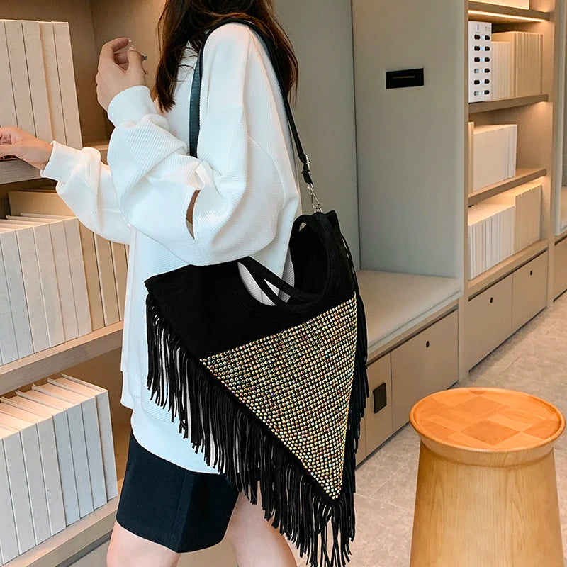 Triangle Handbag Long Tassel Shoulder Bag Large Capacity Faux Suede Crossbo