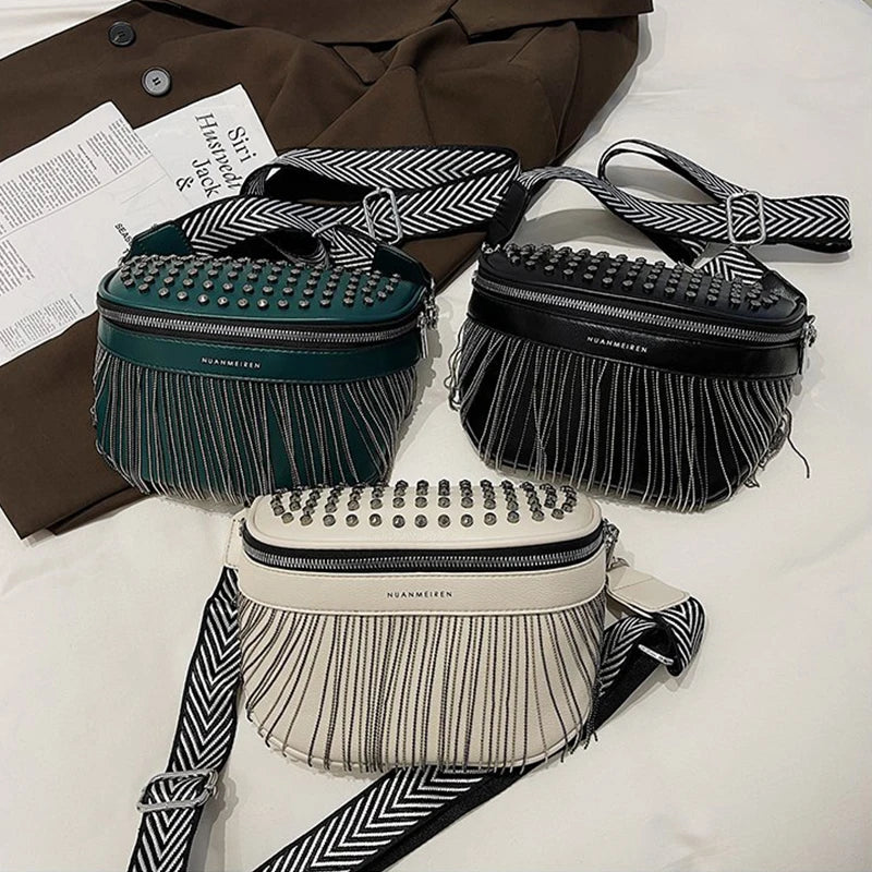 Women Chest Bag Tassel PU Leather Large Capacity Crossbody Chest Bag Zipper Bag