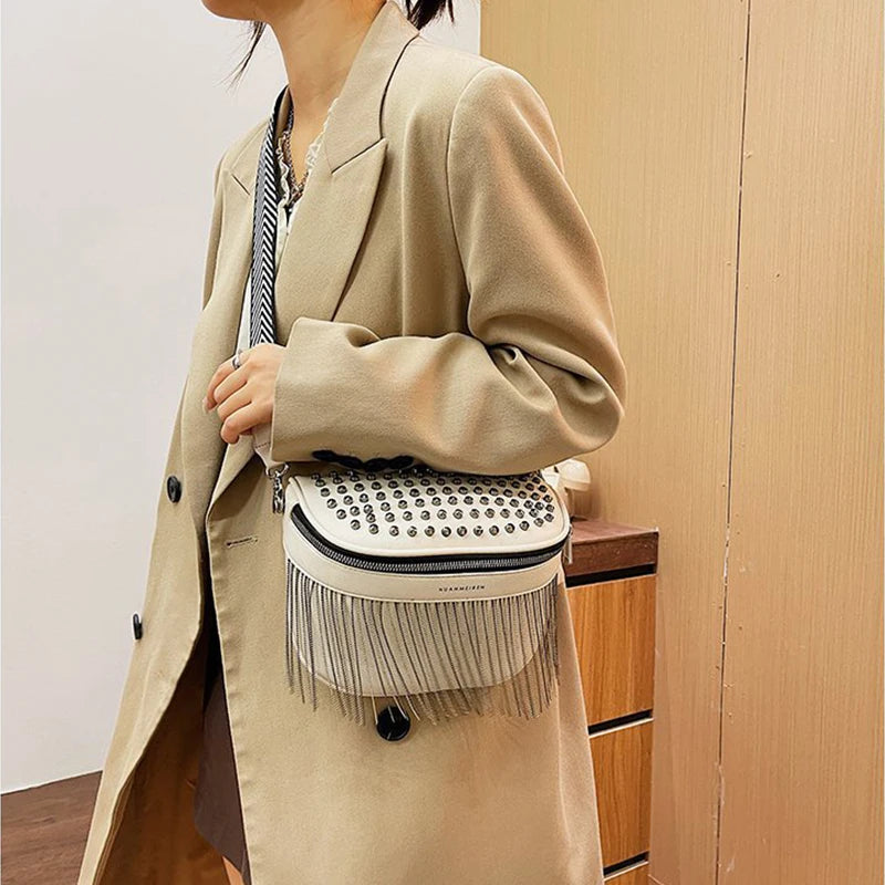 Women Chest Bag Tassel PU Leather Large Capacity Crossbody Chest Bag Zipper Bag