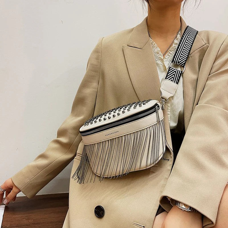 Women Chest Bag Tassel PU Leather Large Capacity Crossbody Chest Bag Zipper Bag