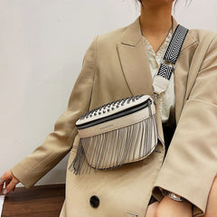 Women Chest Bag Tassel PU Leather Large Capacity Crossbody Chest Bag Zipper Bag
