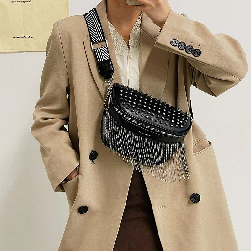 Women Chest Bag Tassel PU Leather Large Capacity Crossbody Chest Bag Zipper Bag