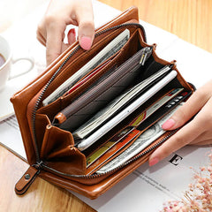 Women PU Leather Double Zip Clutch Wristlet Wallet