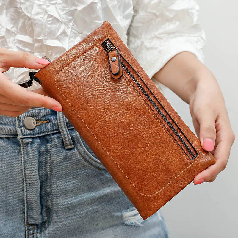 Women PU Leather Double Zip Clutch Wristlet Wallet