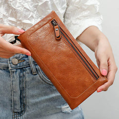Women PU Leather Double Zip Clutch Wristlet Wallet