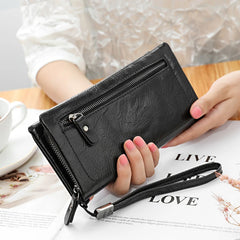 Women PU Leather Double Zip Clutch Wristlet Wallet