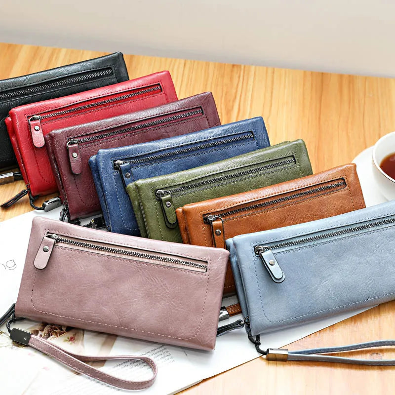 Women PU Leather Double Zip Clutch Wristlet Wallet