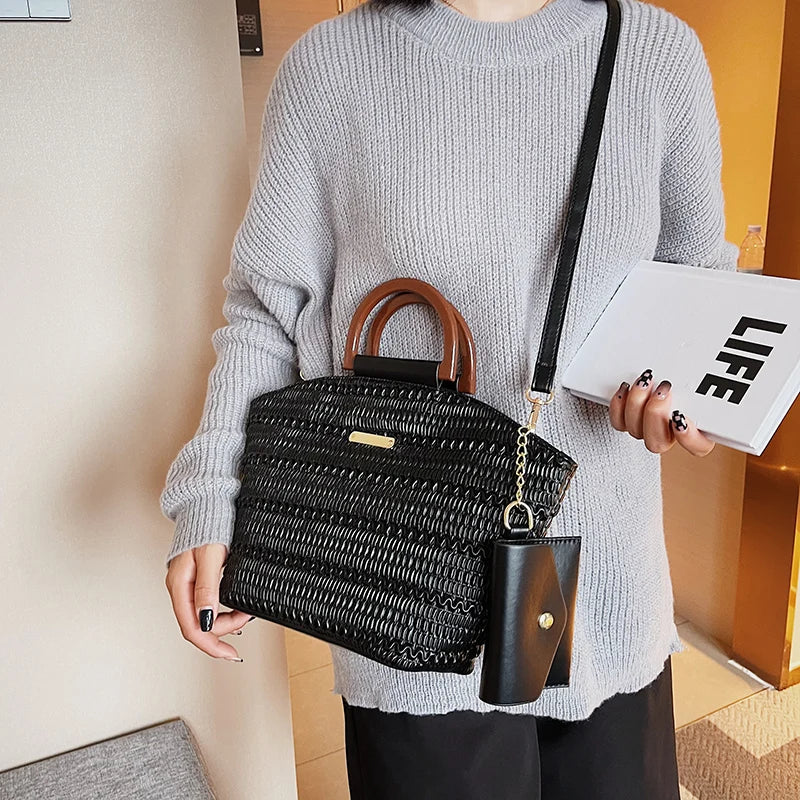 PU Leather Crossbody Bag Wooden Handle Tote for Party Cluth Purses