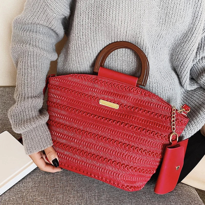 PU Leather Crossbody Bag Wooden Handle Tote for Party Cluth Purses