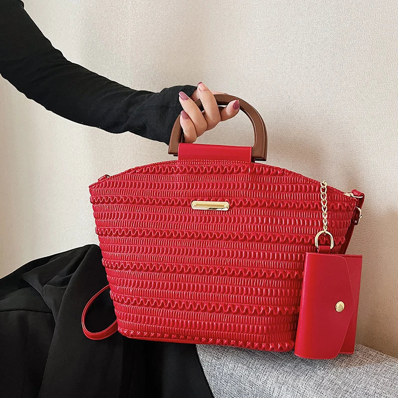 PU Leather Crossbody Bag Wooden Handle Tote for Party Cluth Purses