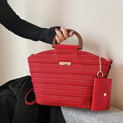PU Leather Crossbody Bag Wooden Handle Tote for Party Cluth Purses