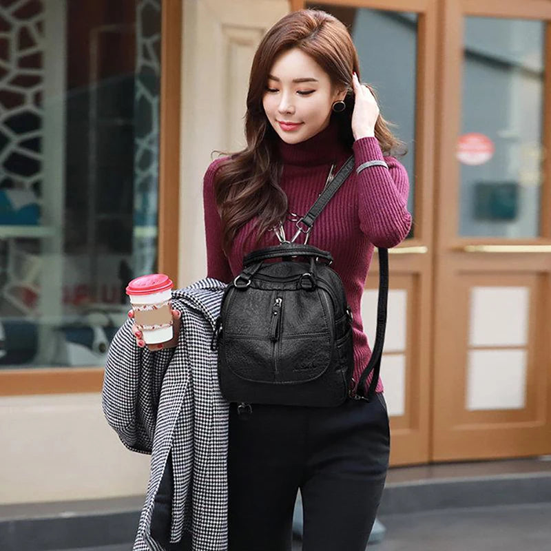 Women's Leather School Bag Casual Backpack